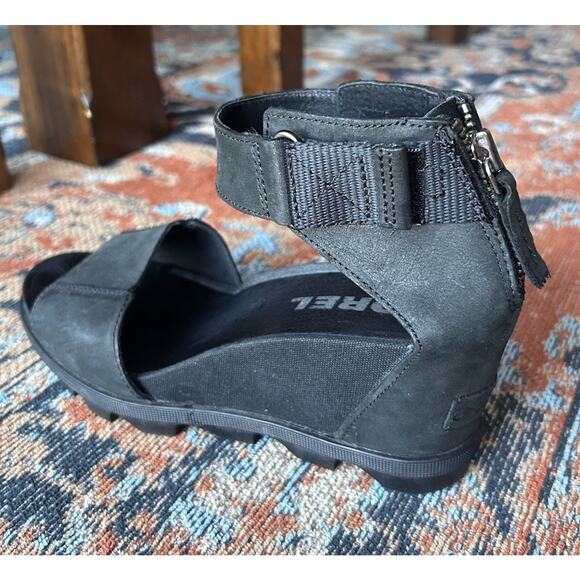 SOREL Women's Joanie II Ankle Strap Black Leather Wedge Sandals Size 8 - Picture 11 of 11